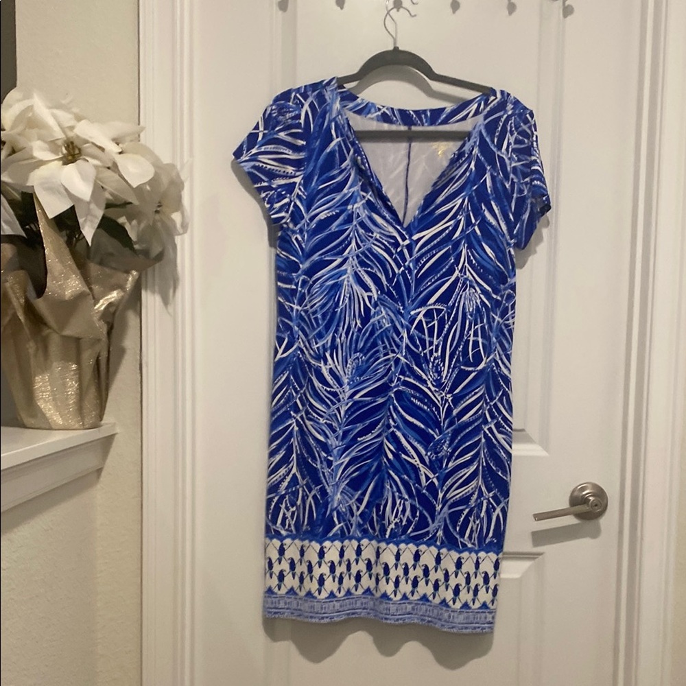 Blue and White Leaf Print Dress